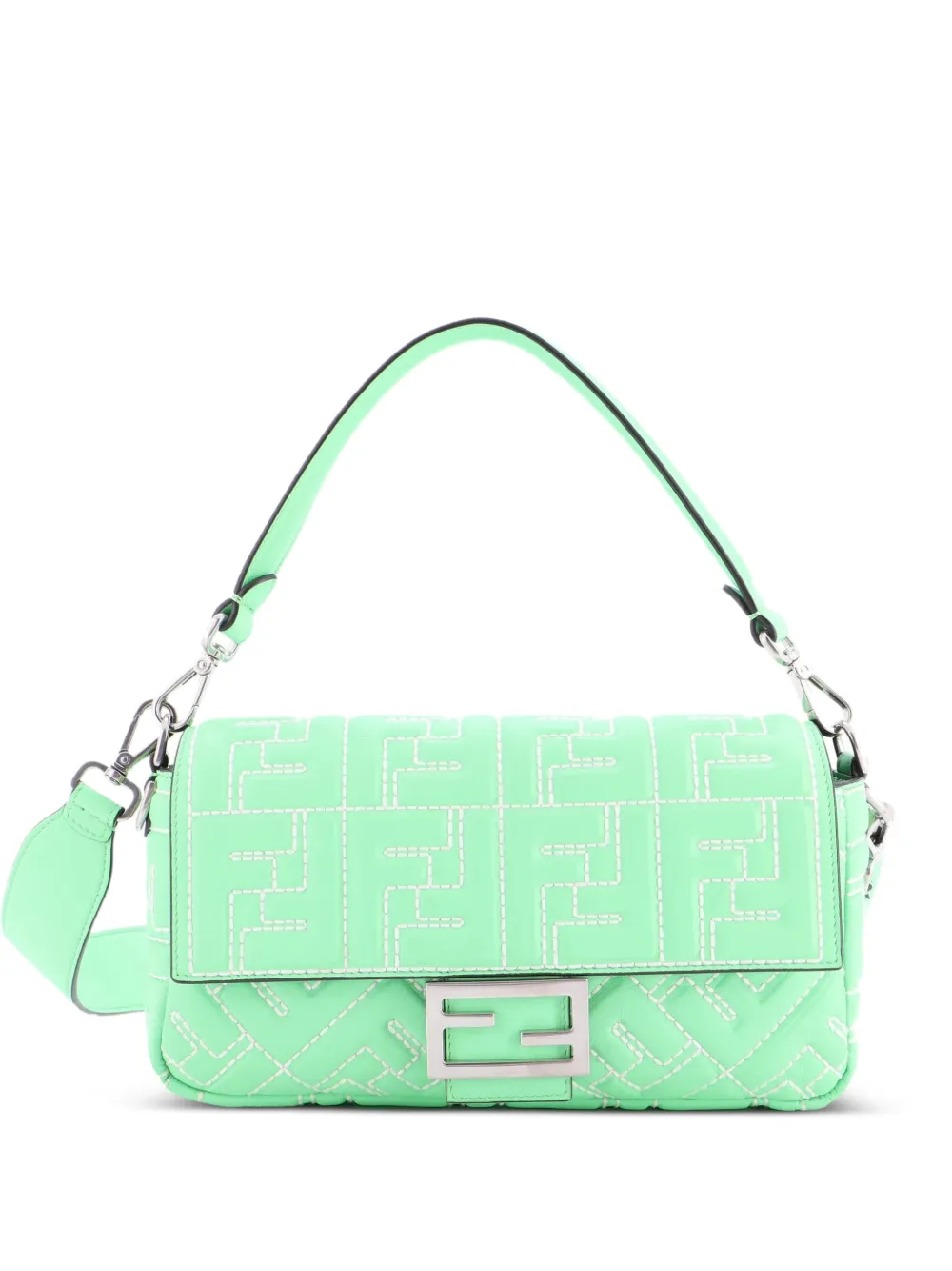 Fendi Pre-Owned Baguette NM Bag Zucca Stitched Embossed Leather Medium crossbody bag - Verde