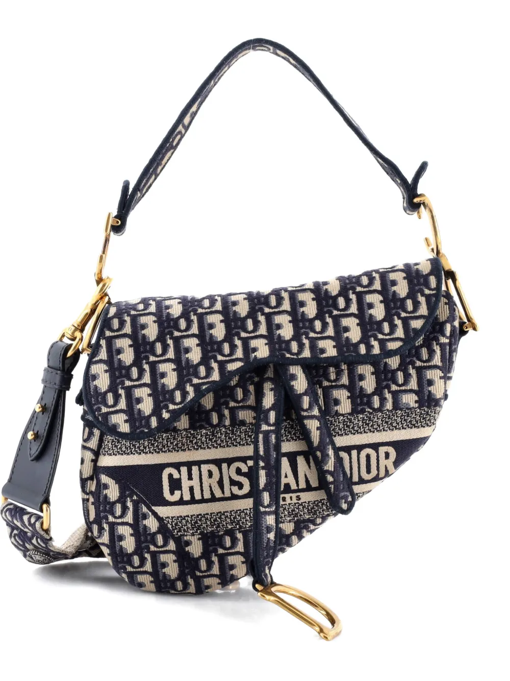 Pre-owned Dior Saddle Handbag Logo Embroidered Oblique Canvas Medium Shoulder Bag In Blue