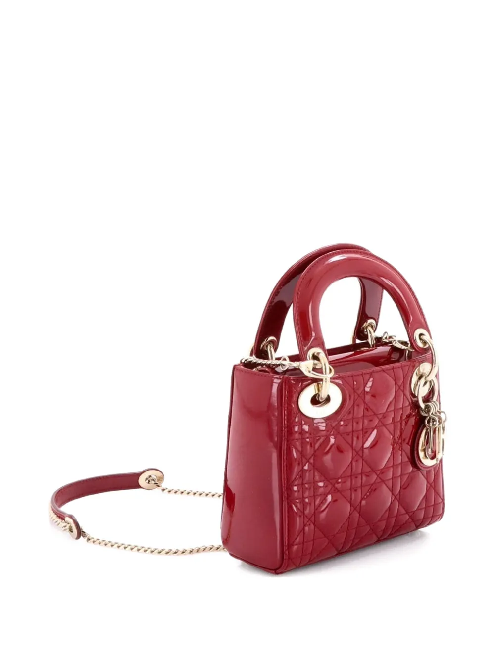 Pre-owned Dior Lady  Chain Bag Cannage Quilt Patent Mini Satchel In Red