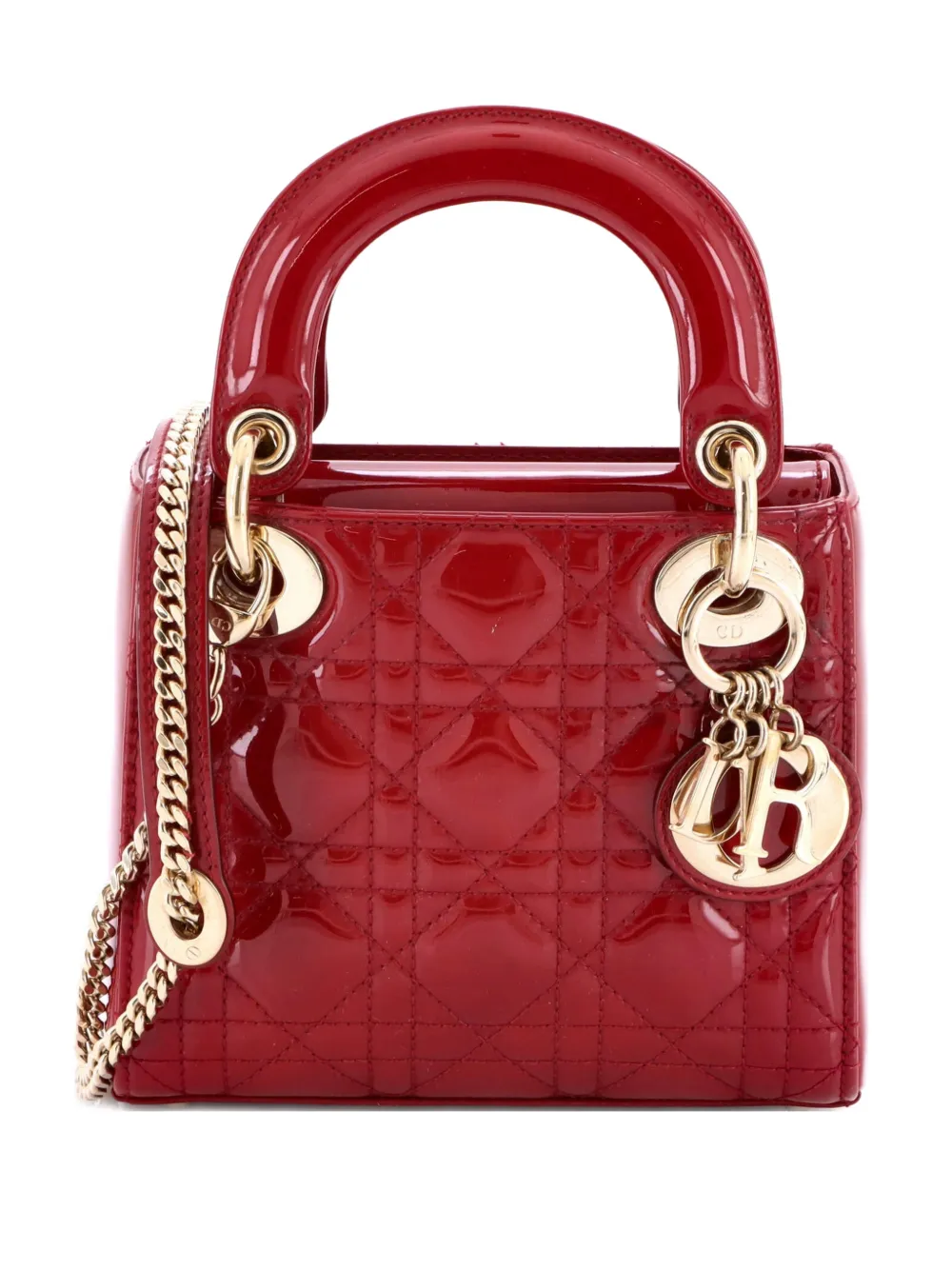 Pre-owned Dior Lady Chain Bag Cannage Quilt Patent Mini Satchel In Red