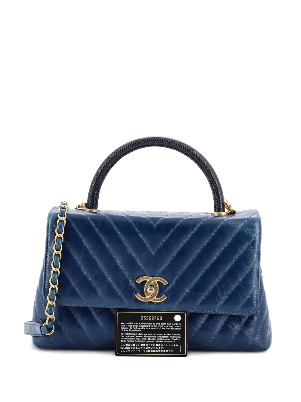 Pre-owned Chanel Coco Top Handle Bag Chevron Calfskin With Lizard Small Satchel In Blue
