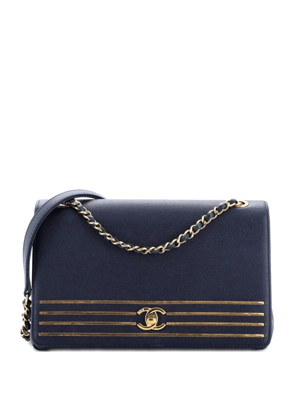 Pre-owned Chanel Captain Gold Flap Bag Embroidered Caviar Medium Crossbody Bag In Black