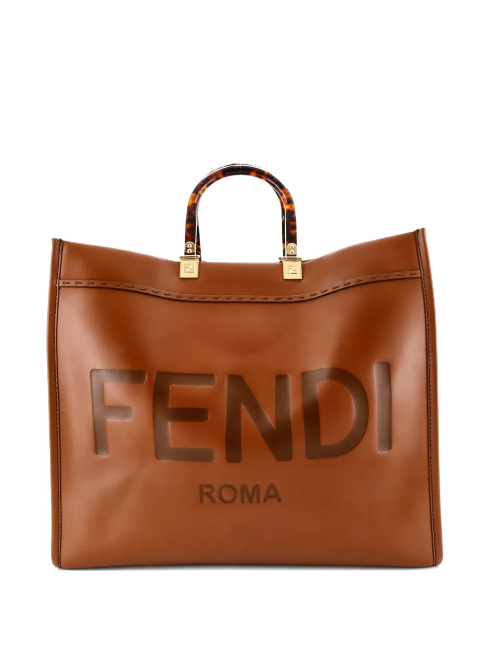 Pre-owned Fendi Sunshine Shopper Leather Large Tote Bag In Brown