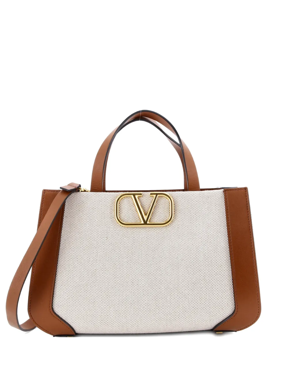 Pre-owned Valentino Garavani Vlogo Shopper Canvas And Leather Small Tote Bag In Brown