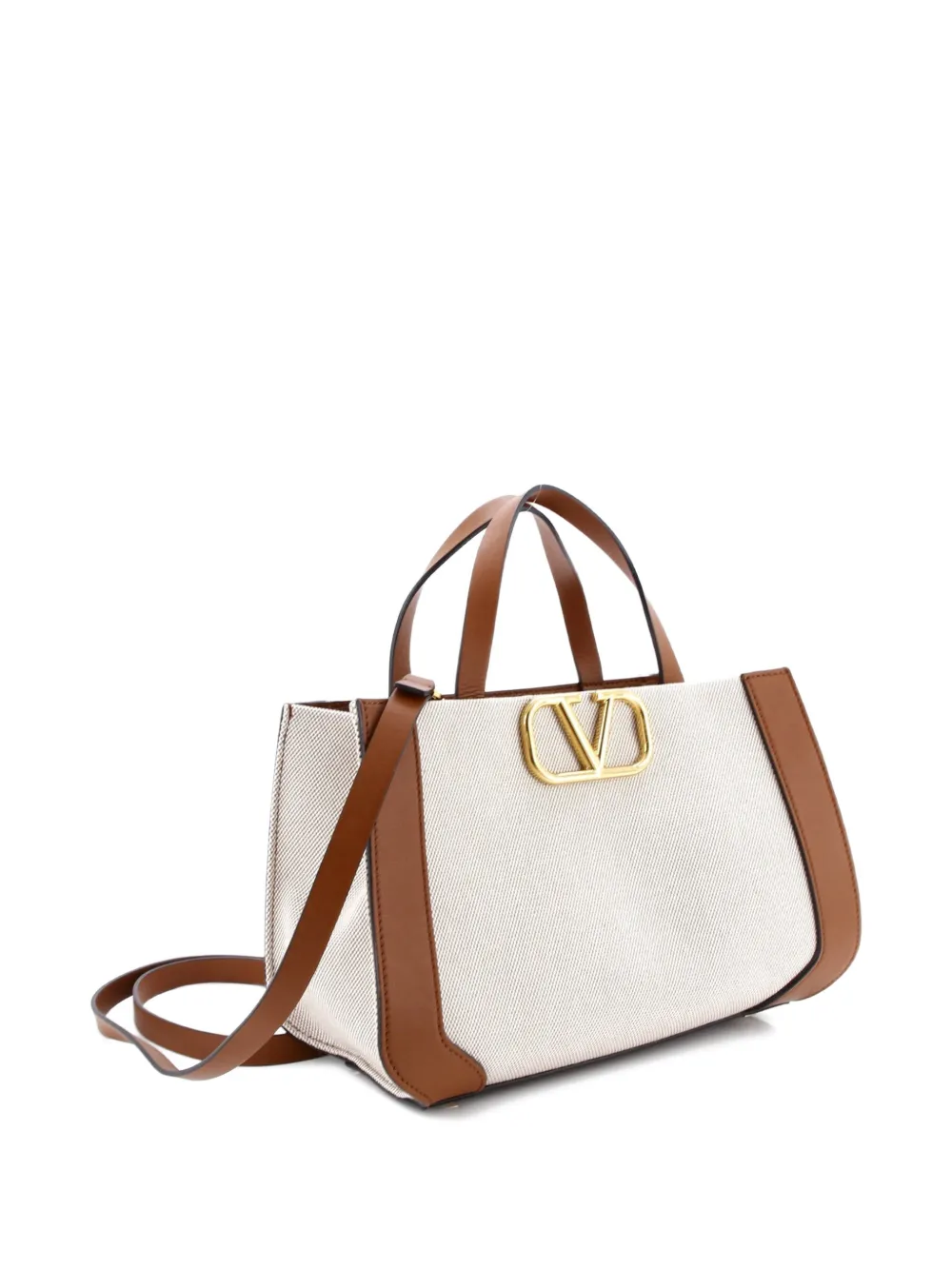 Pre-owned Valentino Garavani Vlogo Shopper Canvas And Leather Small Tote Bag In Brown