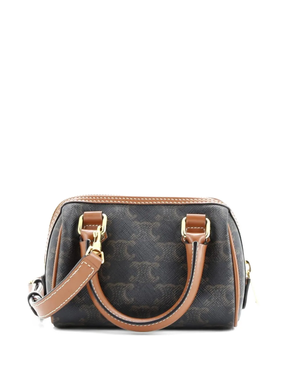 Pre-owned Celine Boston Bag Triomphe Coated Canvas Mini Satchel In Brown