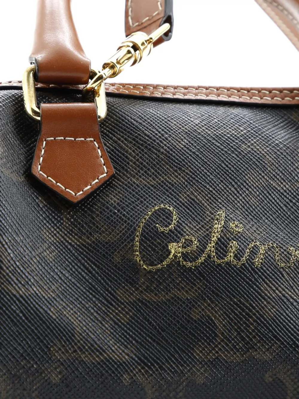 Pre-owned Celine Boston Bag Triomphe Coated Canvas Mini Satchel In Brown