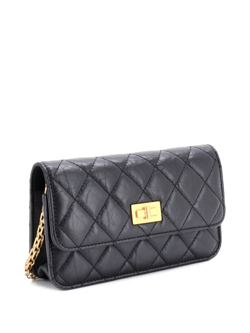 Pre-owned Chanel Reissue 2.55 Flap Phone Holder With Chain Quilted Aged Calfskin Shoulder Bag In Black