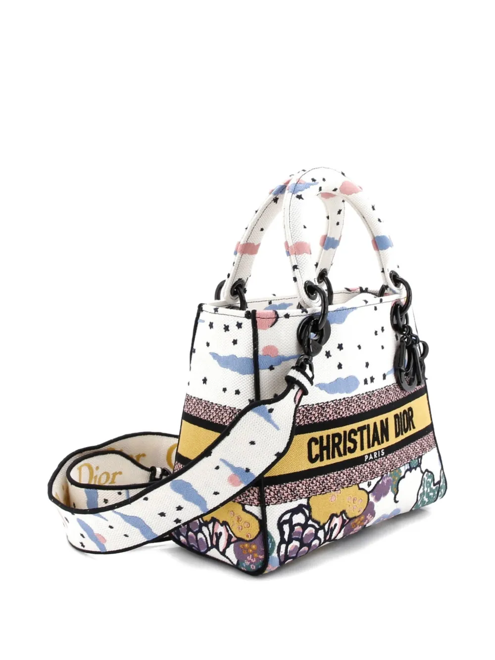 DIOR Pre-owned Lady D-lite Bag Embroidered Canvas Medium Satchel In Multi