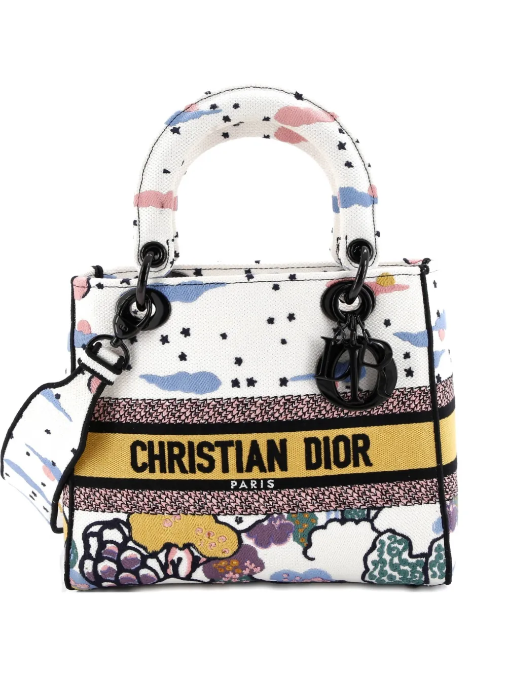 Pre-owned Dior Lady D-lite Bag Embroidered Canvas Medium Satchel In Multi