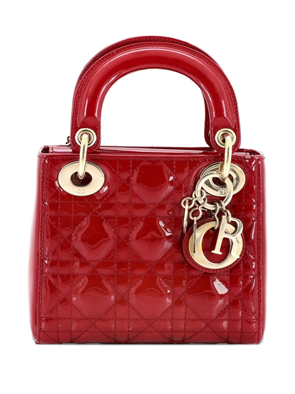 Pre-owned Dior Lady Chain Bag Cannage Quilt Patent Mini Satchel In Red