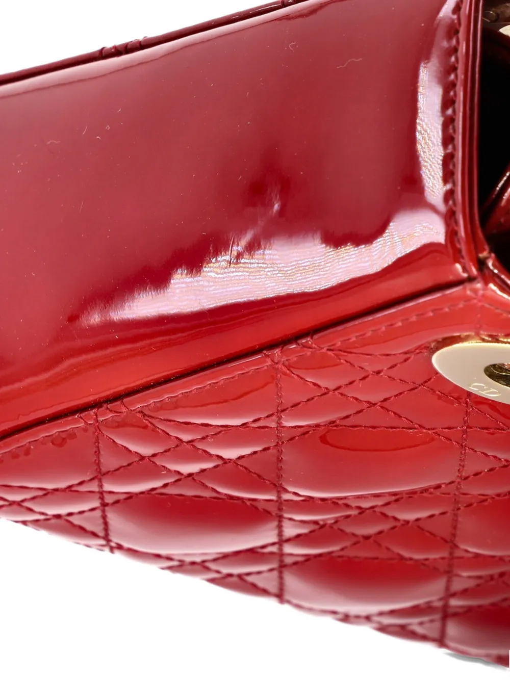 Pre-owned Dior Lady  Chain Bag Cannage Quilt Patent Mini Satchel In Red