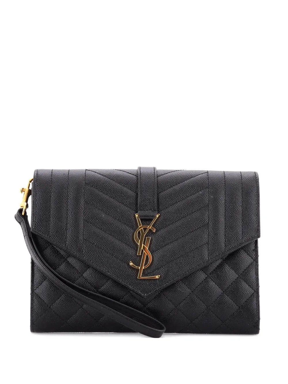 Pre-owned Saint Laurent Classic Monogram Envelope Wristlet Mixed Matelasse Leather Clutch Bag In Black