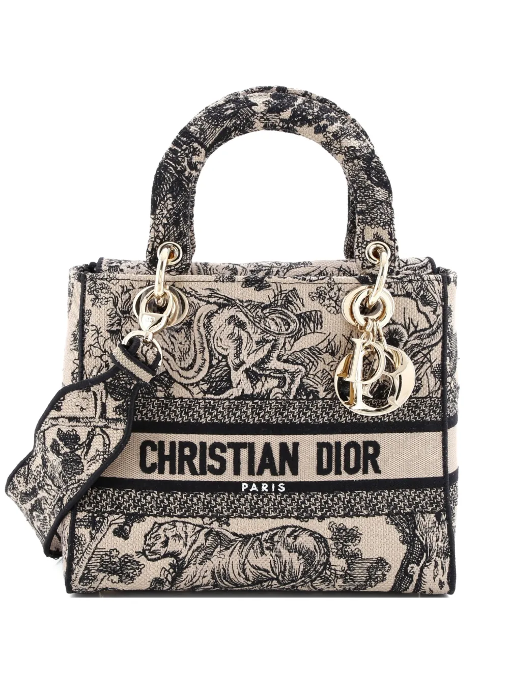 Pre-owned Dior Lady D-lite Bag Embroidered Canvas Medium Satchel In Brown