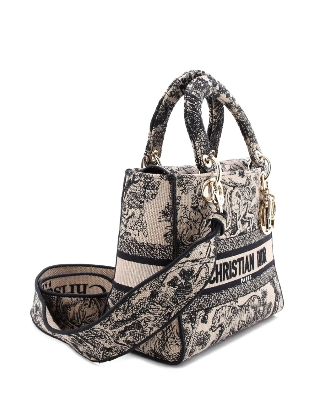 DIOR Pre-owned Lady D-lite Bag Embroidered Canvas Medium Satchel In Brown