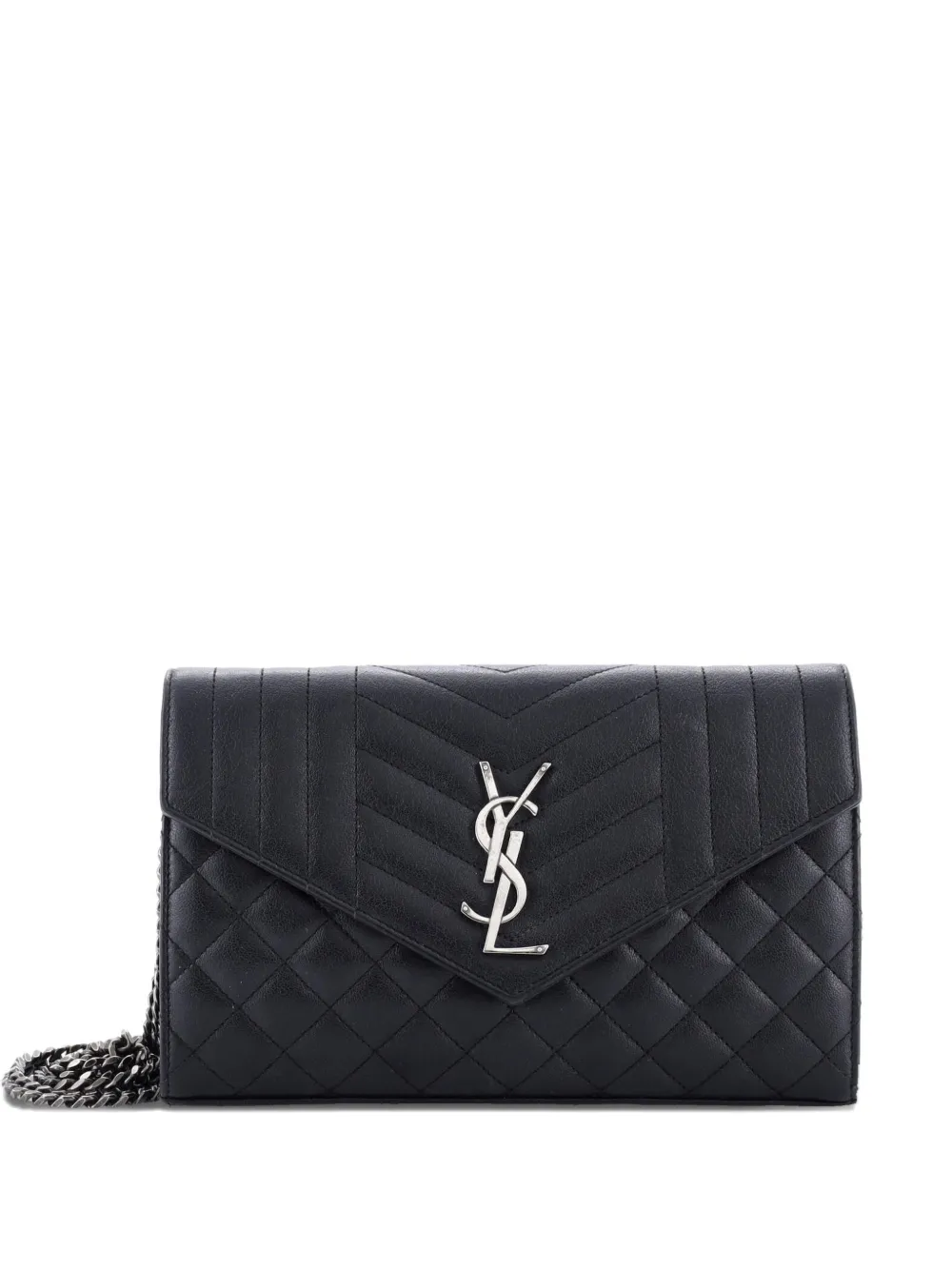 Pre-owned Saint Laurent Classic Monogram Chain Wallet Mixed Matelasse Leather Medium Crossbody Bag In Black