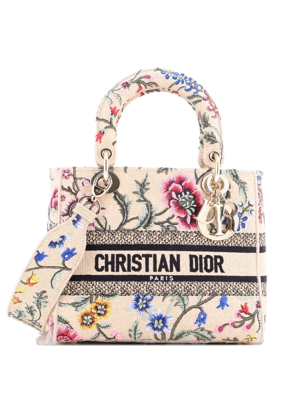 Pre-owned Dior Lady D-lite Bag Embroidered Raffia Medium Satchel In Neutral