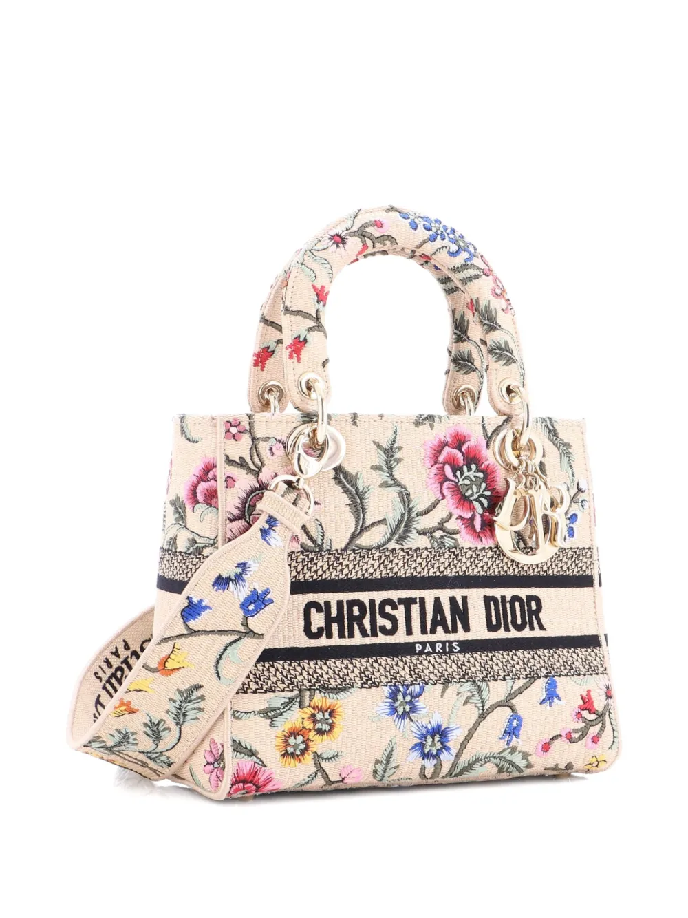 Pre-owned Dior Lady D-lite Bag Embroidered Raffia Medium Satchel In Neutral