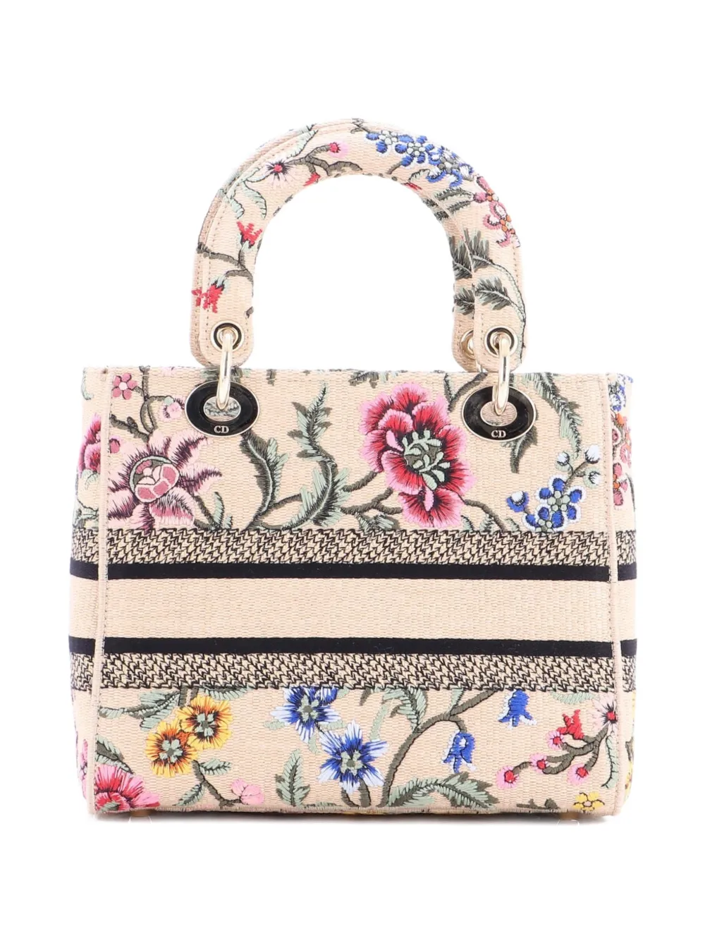 Pre-owned Dior Lady D-lite Bag Embroidered Raffia Medium Satchel In Neutral