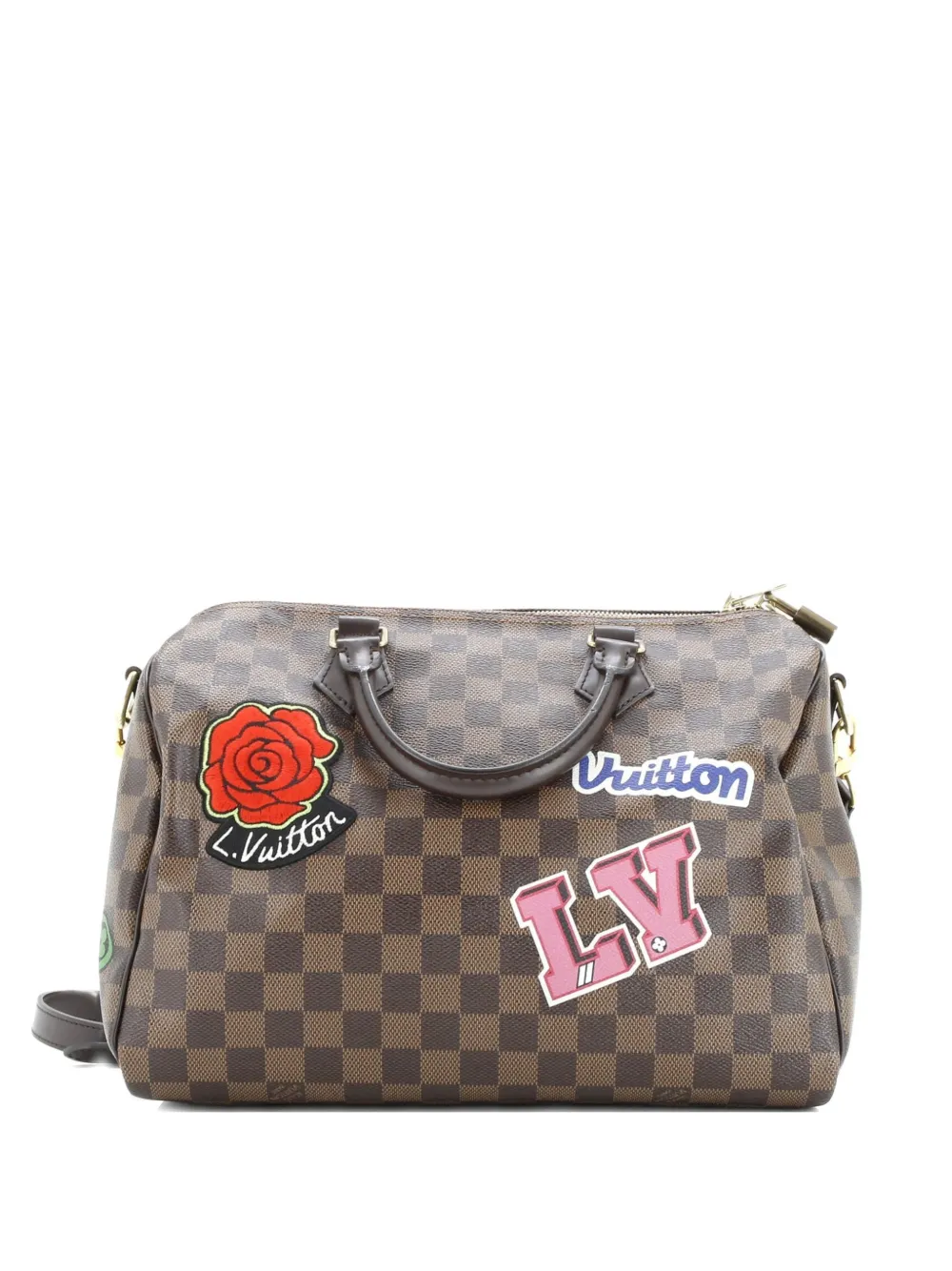 Pre-owned Louis Vuitton Speedy Bandouliere Bag Limited Edition Patches Damier 30 Satchel In Brown