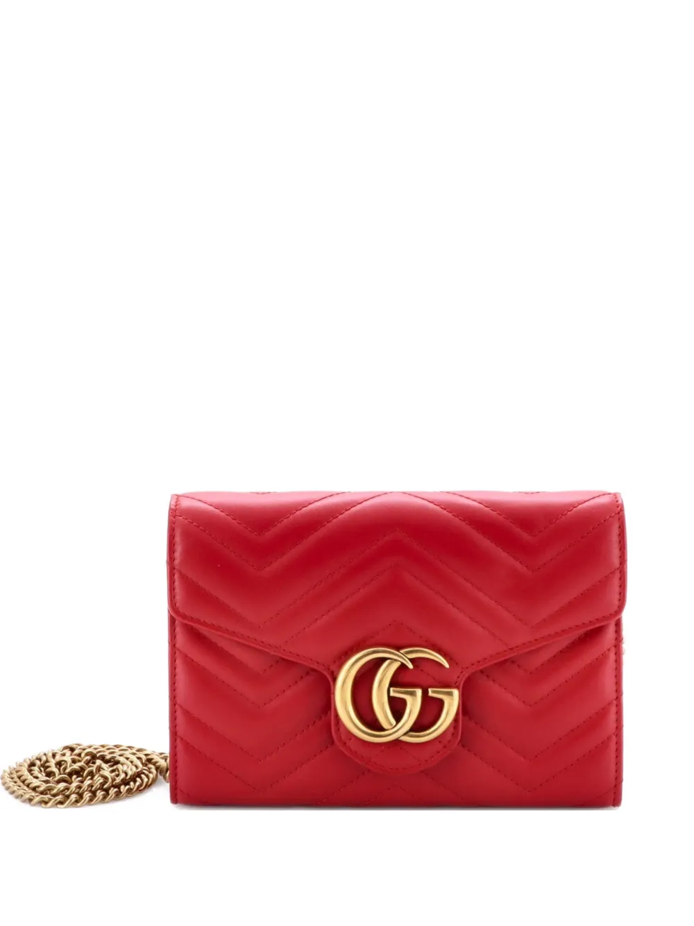 Pre-owned Gucci Gg Marmont Chain Wallet Matelasse Leather Mini Crossbody Bag In Red