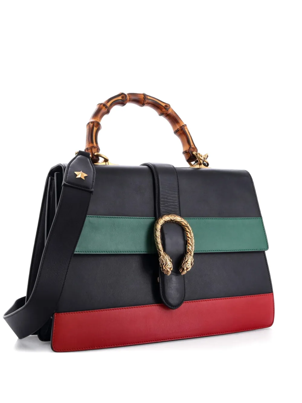 Pre-owned Gucci Dionysus Bamboo Top Handle Bag Colorblock Leather Large Satchel In Black