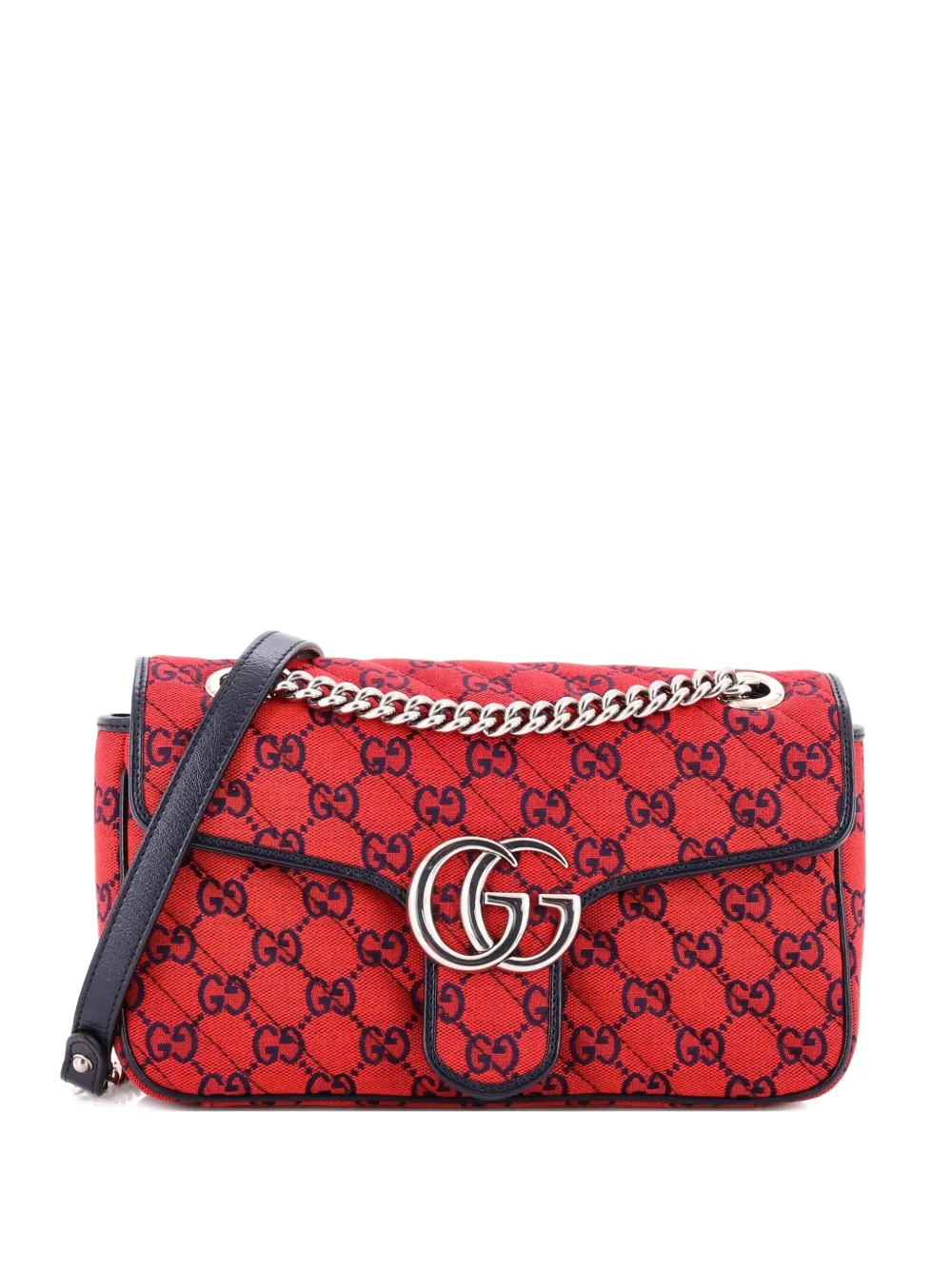 Pre-owned Gucci Gg Marmont Flap Bag Diagonal Quilted Gg Canvas With Leather Small Shoulder Bag In Blue