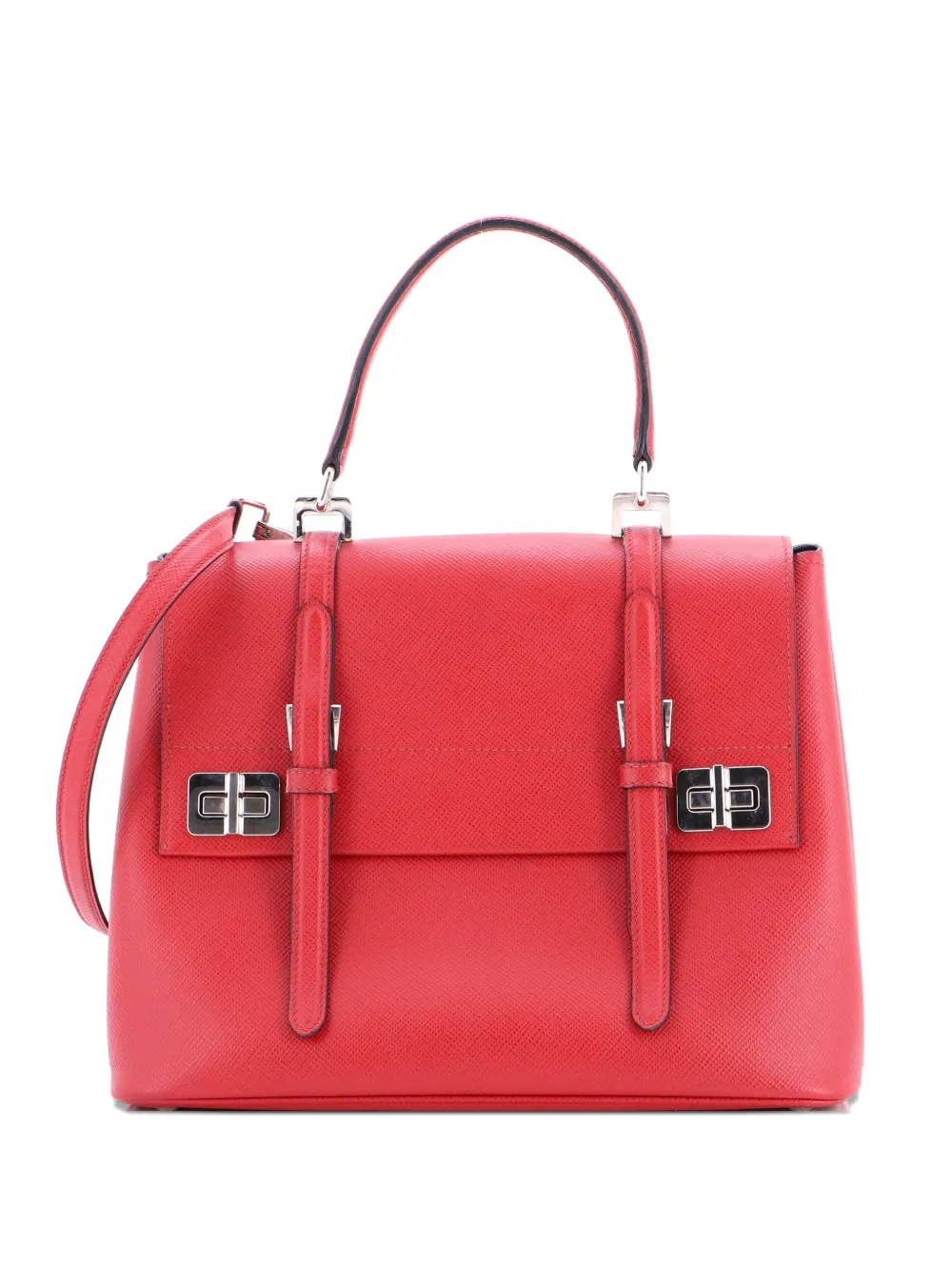 Prada Pre-Owned Half Flap Double Turn Lock Saffiano Leather Medium satchel - Rosso