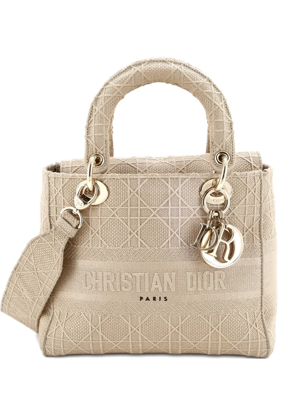 Pre-owned Dior Lady D-lite Bag Cannage Embroidered Canvas Medium Satchel In Neutral