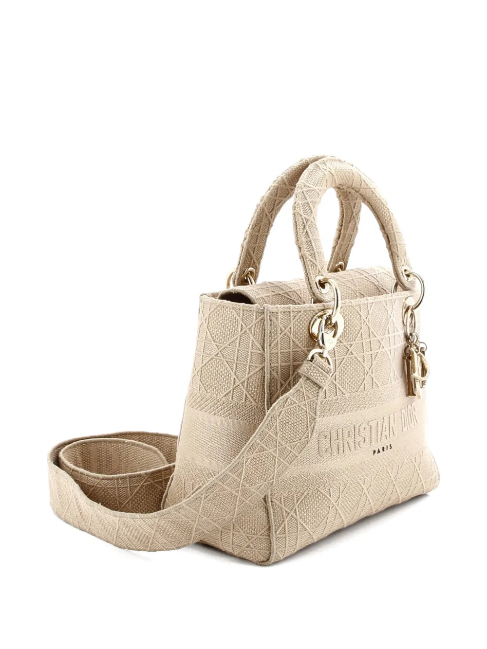DIOR Pre-owned Lady D-lite Bag Cannage Embroidered Canvas Medium Satchel In Neutral