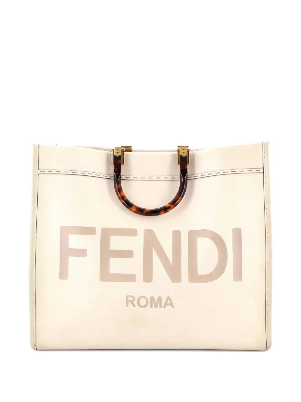 Pre-owned Fendi Sunshine Shopper Leather Large Tote Bag In Neutral