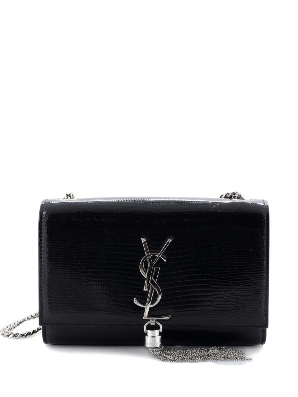 Pre-owned Saint Laurent Classic Monogram Tassel Lizard Embossed Leather Medium Crossbody Bag In Black