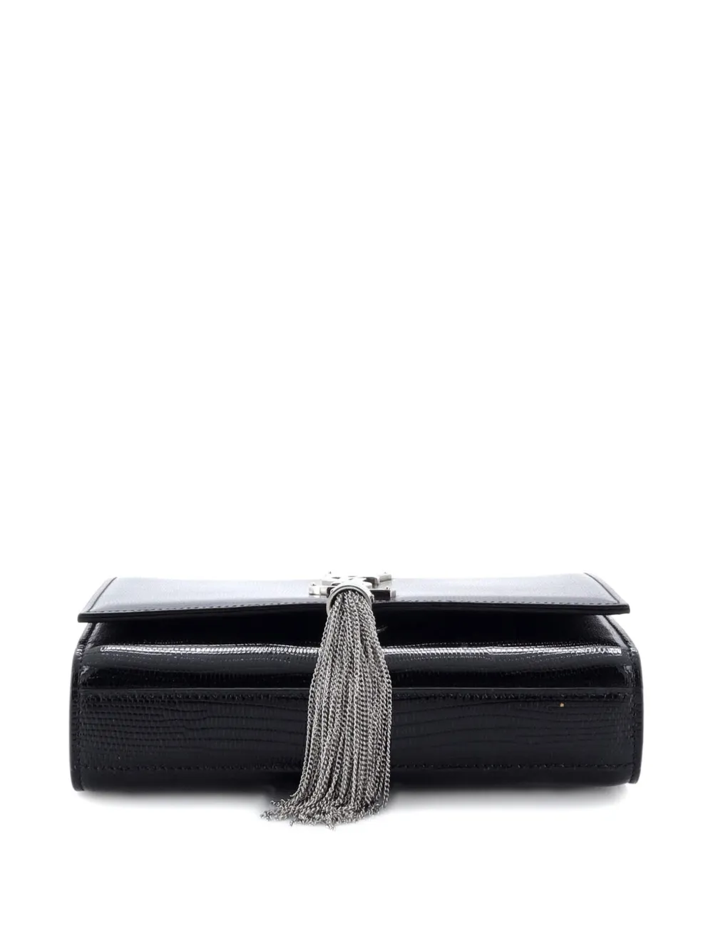 Pre-owned Saint Laurent Classic Monogram Tassel Lizard Embossed Leather Medium Crossbody Bag In Black