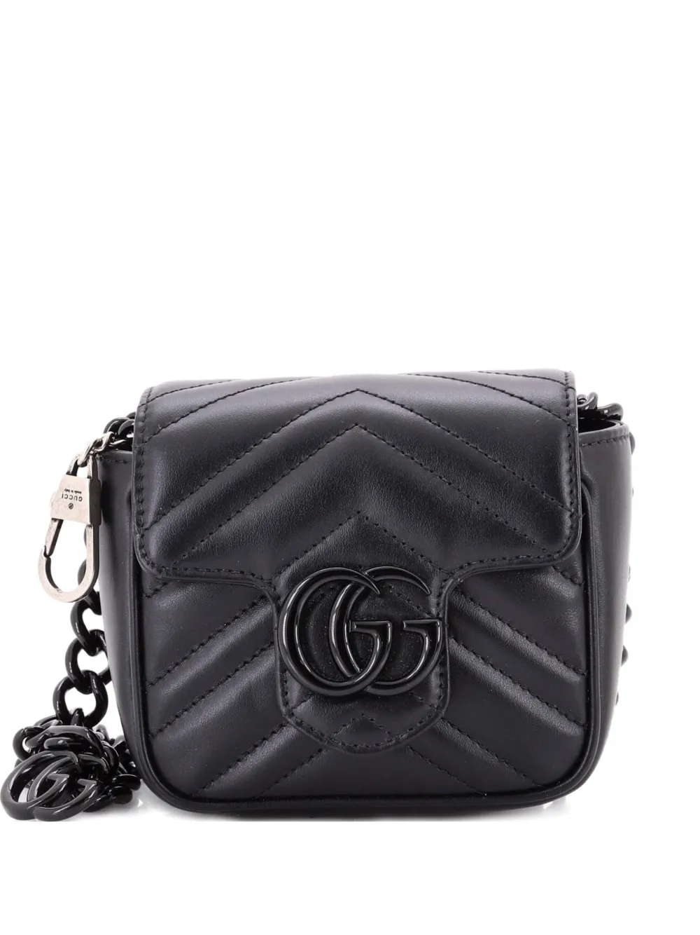 Pre-owned Gucci Gg Marmont Flap Matelasse Leather Mini Belt Bag In Black