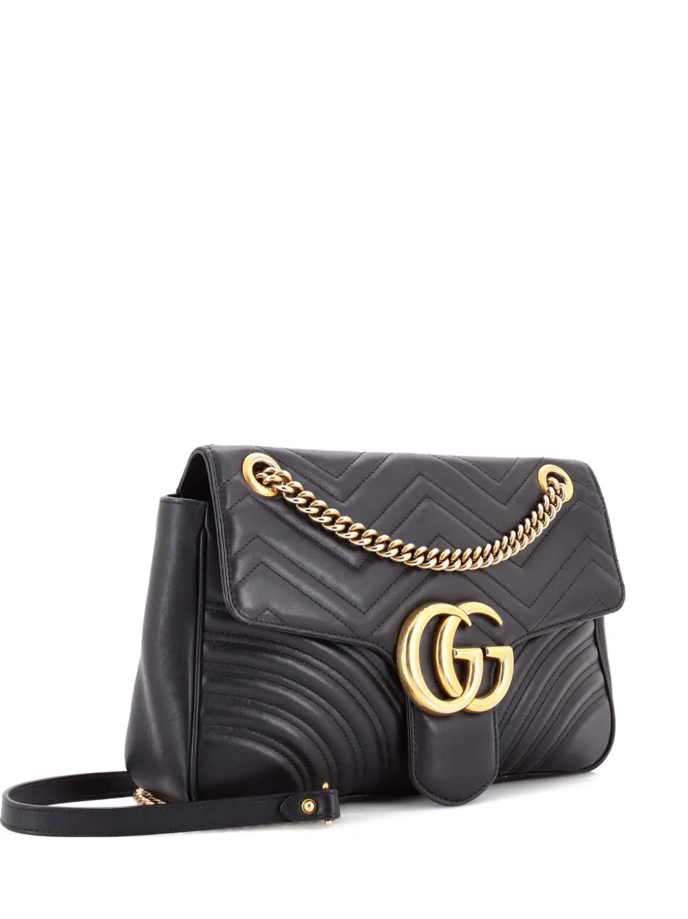 Pre-owned Gucci Gg Marmont Flap Bag Matelasse Leather Medium Shoulder Bag In Black