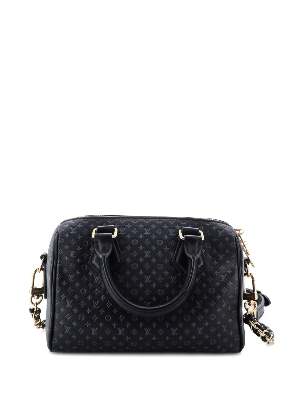 Pre-owned Louis Vuitton Speedy Bandouliere Bag Nanogram Embossed Leather 20 Satchel In Black