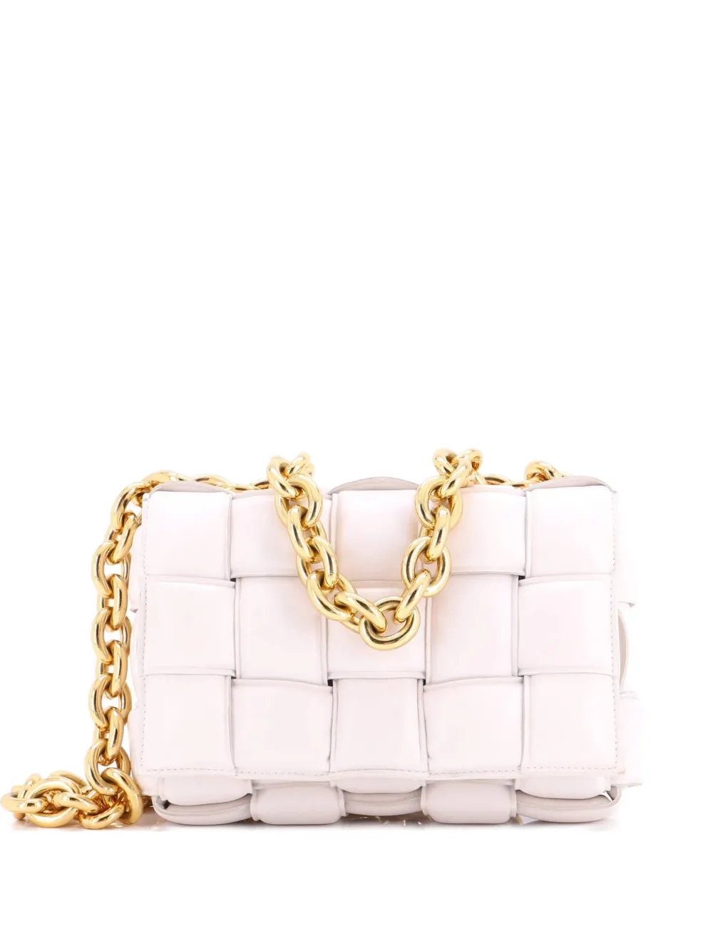 Pre-owned Bottega Veneta Cassette Chain Padded Maxi Intrecciato Leather Crossbody Bag In White