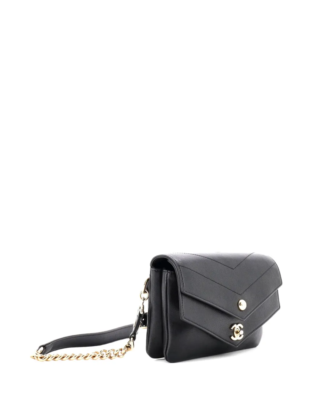 Pre-owned Chanel Double Flap Waist Bag Chevron Sheepskin Belt Bag In Black