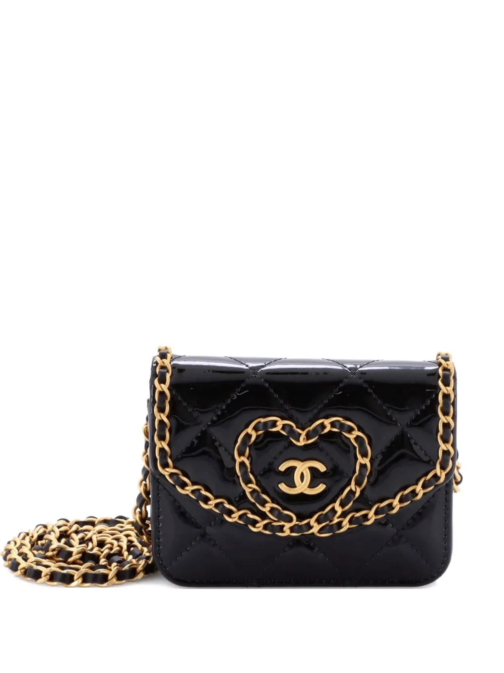 Pre-owned Chanel Heart Chain Flap Bag Quilted Patent Mini Crossbody Bag In Black