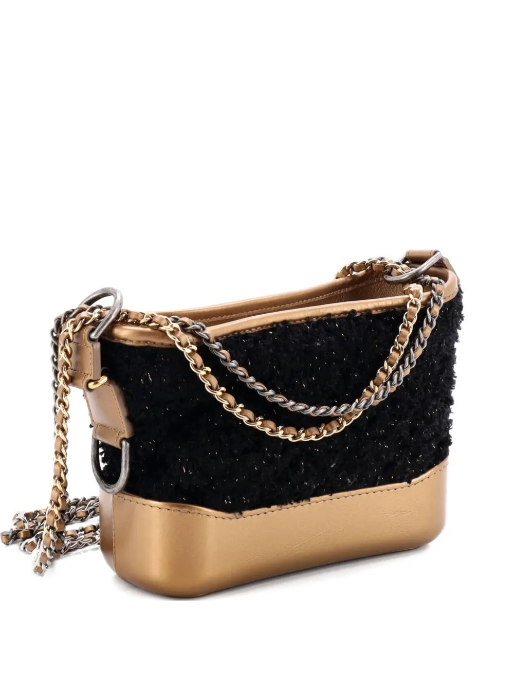 Pre-owned Chanel Gabrielle Quilted Tweed And Calfskin Small Hobo Bag In Black