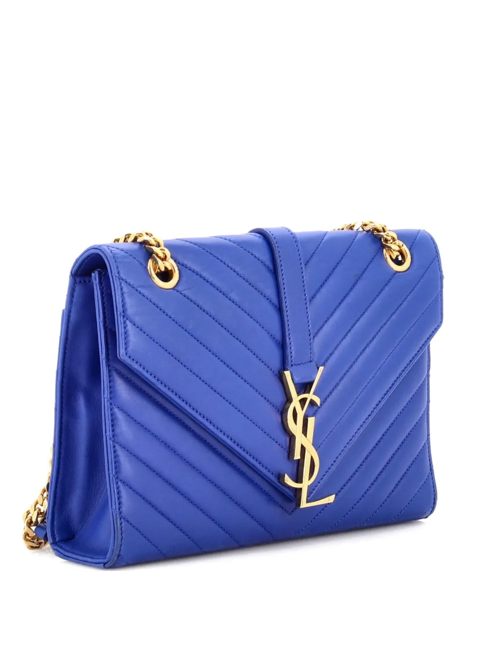 Pre-owned Saint Laurent Classic Monogram Envelope Satchel Matelasse Chevron Leather Medium Shoulder Bag In Blue