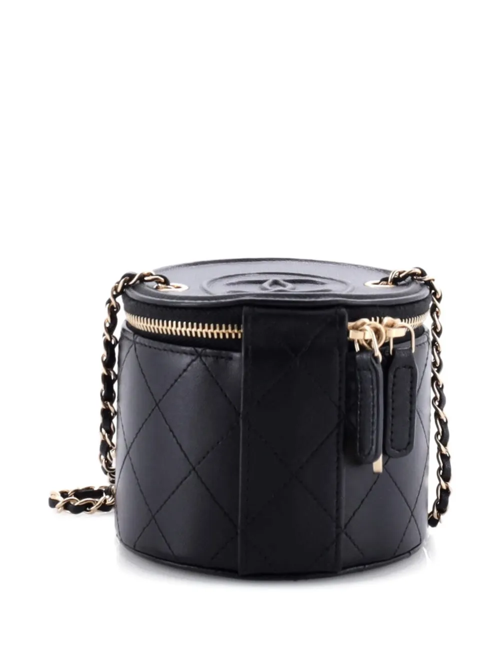 Pre-owned Chanel Cc Round Vanity Case With Chain Quilted Lambskin Mini Clutch Bag In Black
