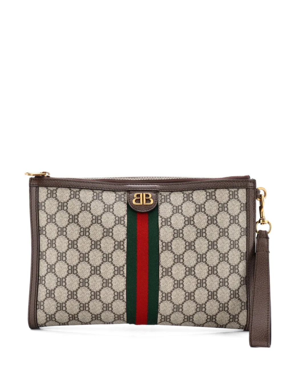 Pre-owned Balenciaga X Gucci The Hacker Project Web Wristlet Bb Coated Canvas Clutch Bag In Brown