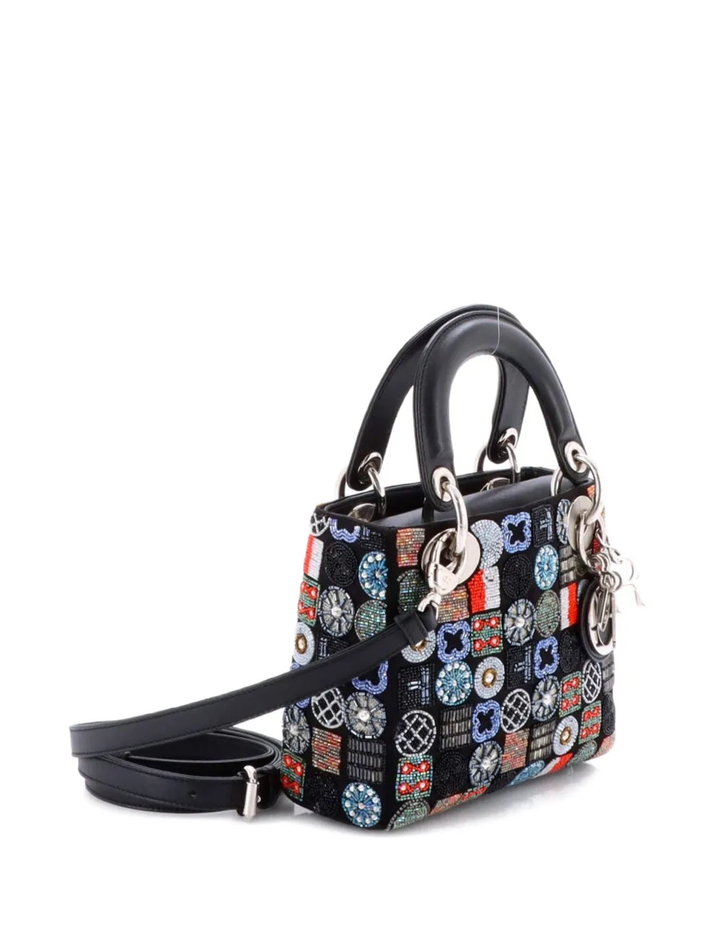 Pre-owned Dior Lady  Bag Embellished Satin Mini Satchel In Black