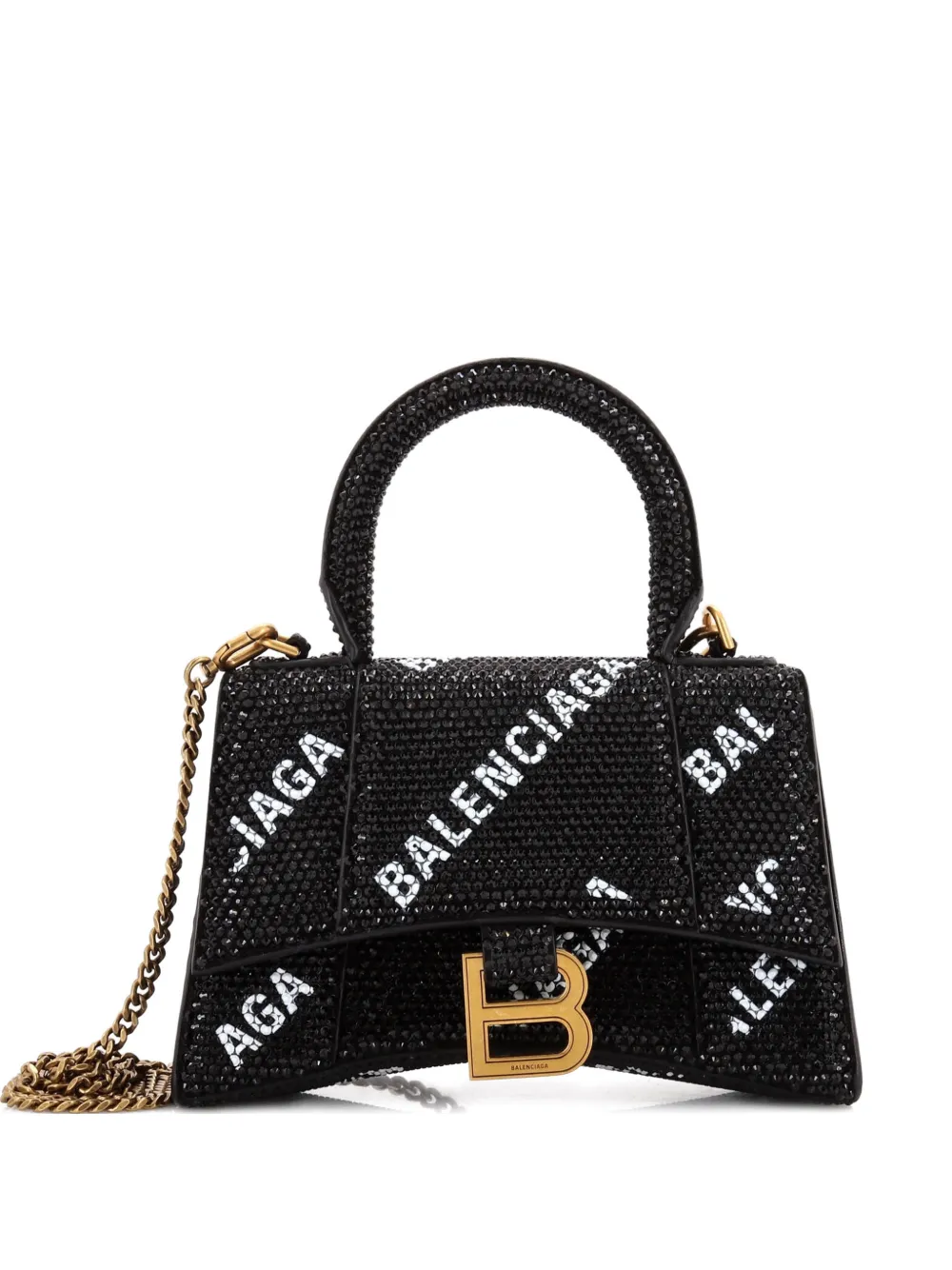 Pre-owned Balenciaga Hourglass Top Handle Bag Suede And Allover Logo Crystals Xs Satchel In Black