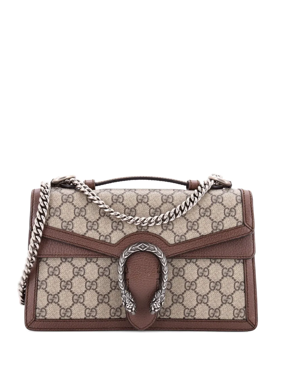 Pre-owned Gucci Dionysus Top Handle Chain Bag Gg Coated Canvas Small Satchel In Brown
