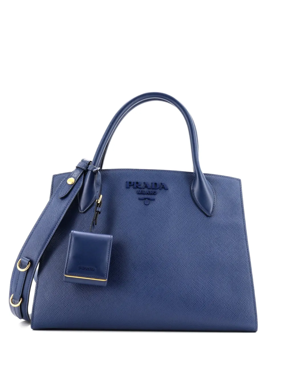 Pre-owned Prada Monochrome Saffiano With City Calf Medium Tote Bag In Blue