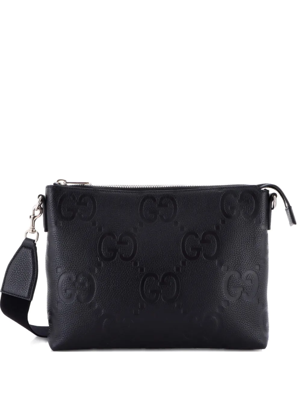 Pre-owned Gucci Zip Messenger Bag Jumbo Gg Embossed Leather Medium Clutch Bag In Black