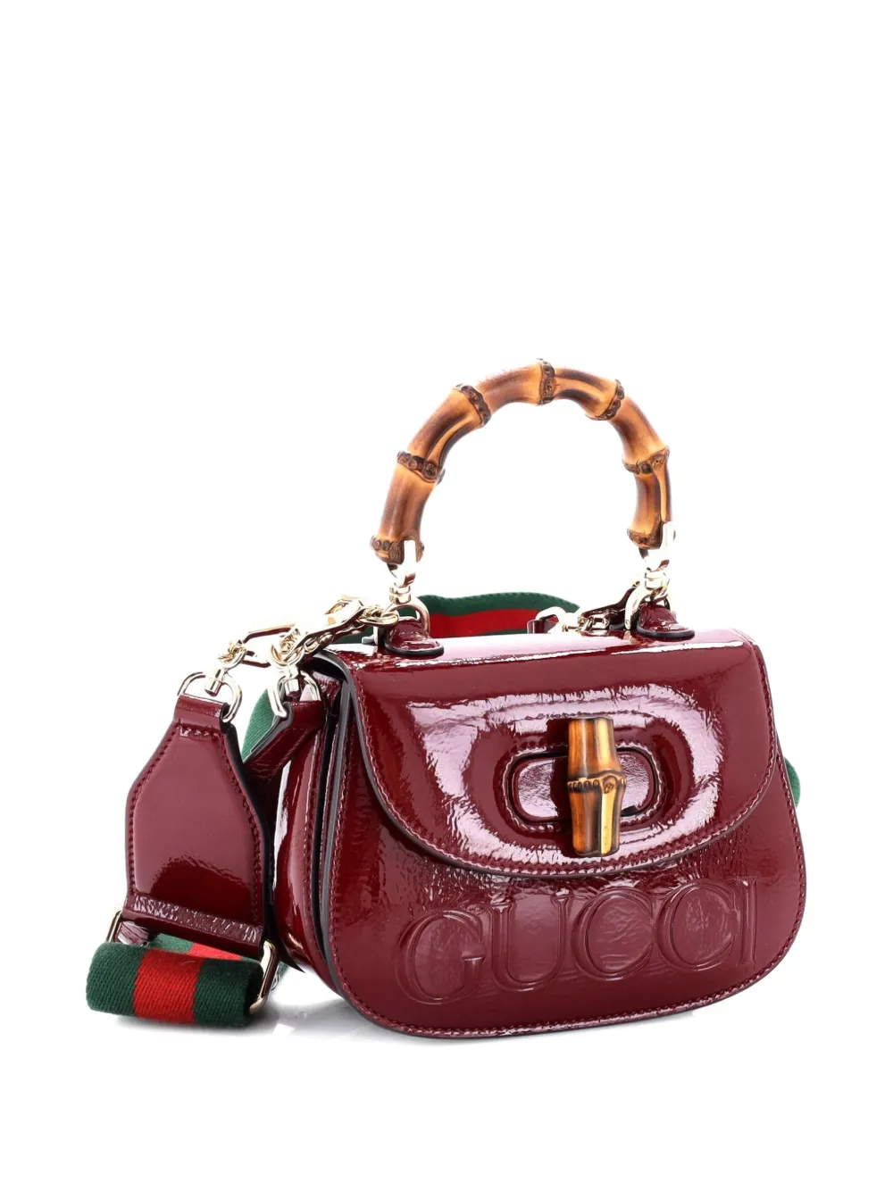 GUCCI Pre-owned Bamboo 1947 Logo Top Handle Bag Embossed Patent Mini Satchel In Red