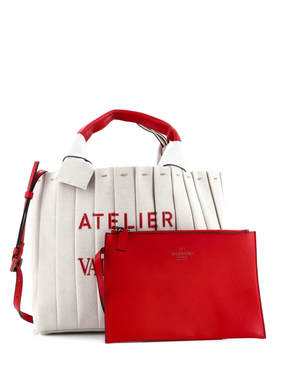 Pre-owned Valentino Garavani Atelier 05 Pleated Canvas Medium Tote Bag In Red